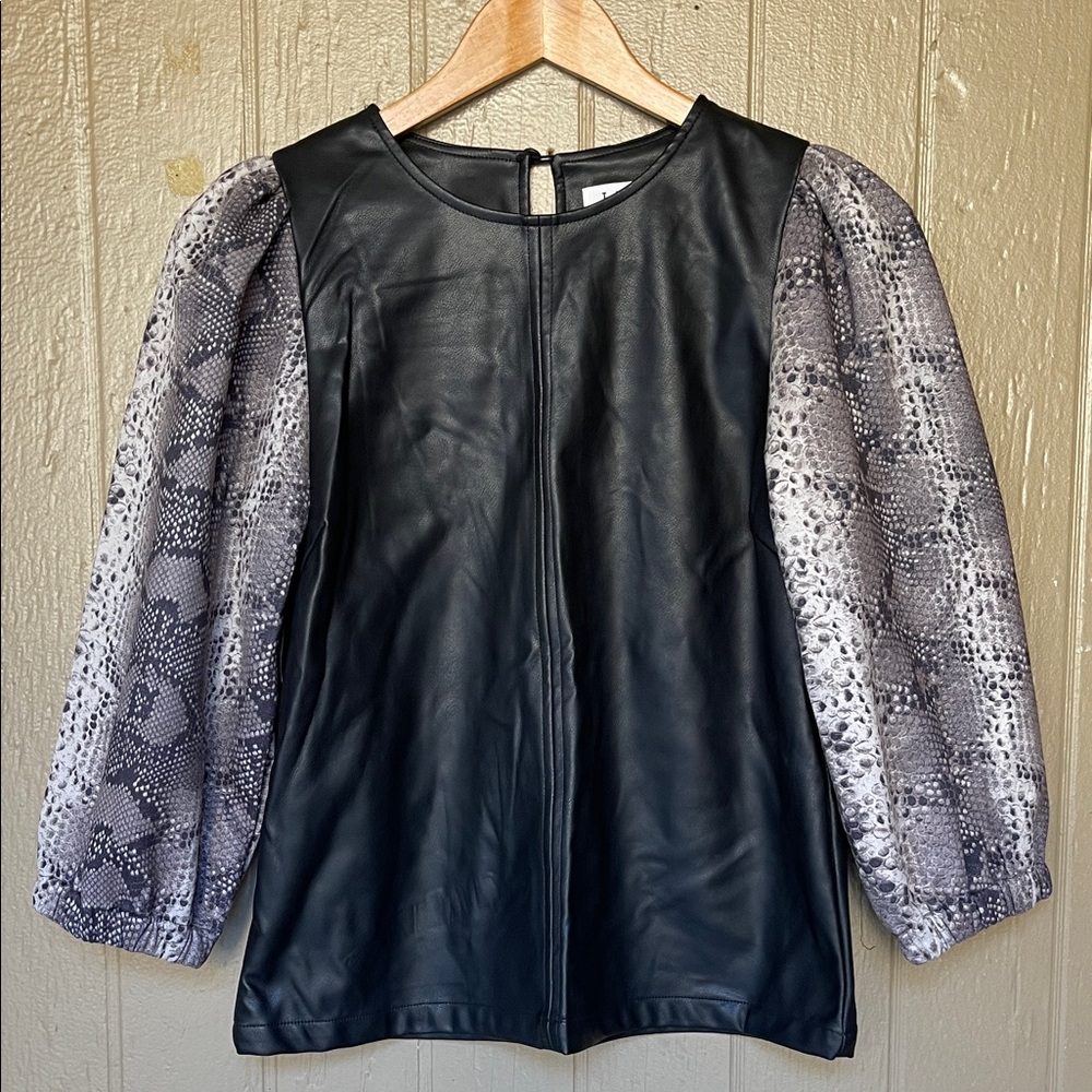 THML Black Faux Leather Top with Gray Snake Print Sleeves size XS